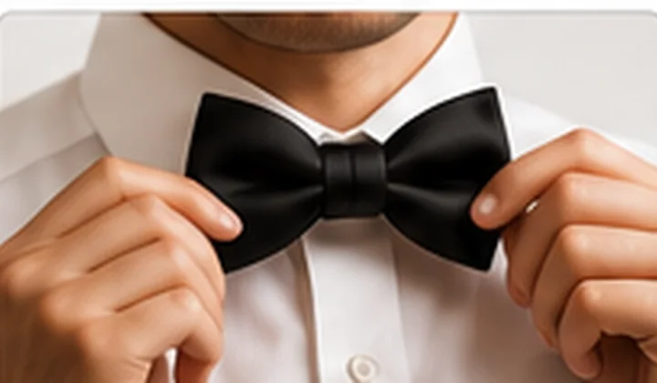 Hands adjusting a black bow tie